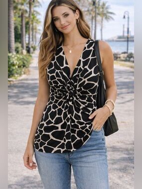 Y2K Animal Print Twist Front Top Black White Sleeveless Blouse Medium